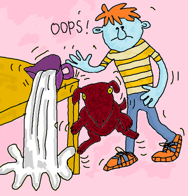 boy worries after spilling milk