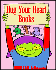 Cartoon of girl holding banner saying "Hug Your Heart Books"