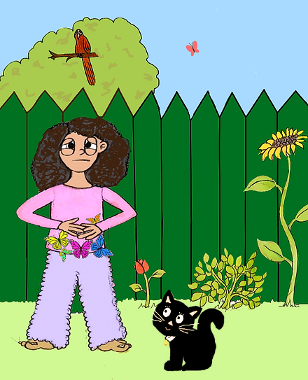 Worried Fizzy Lizzy in garden with black cat